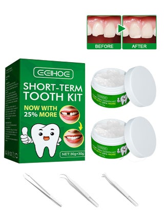 Short Term Tooth Kit 30g+30g, Temporary Denture Replacement Bead Set with 3 Pieces Dental Tweezers Tools, for Temporary Repair of Missing and Broken Teeth Replacement Dentures